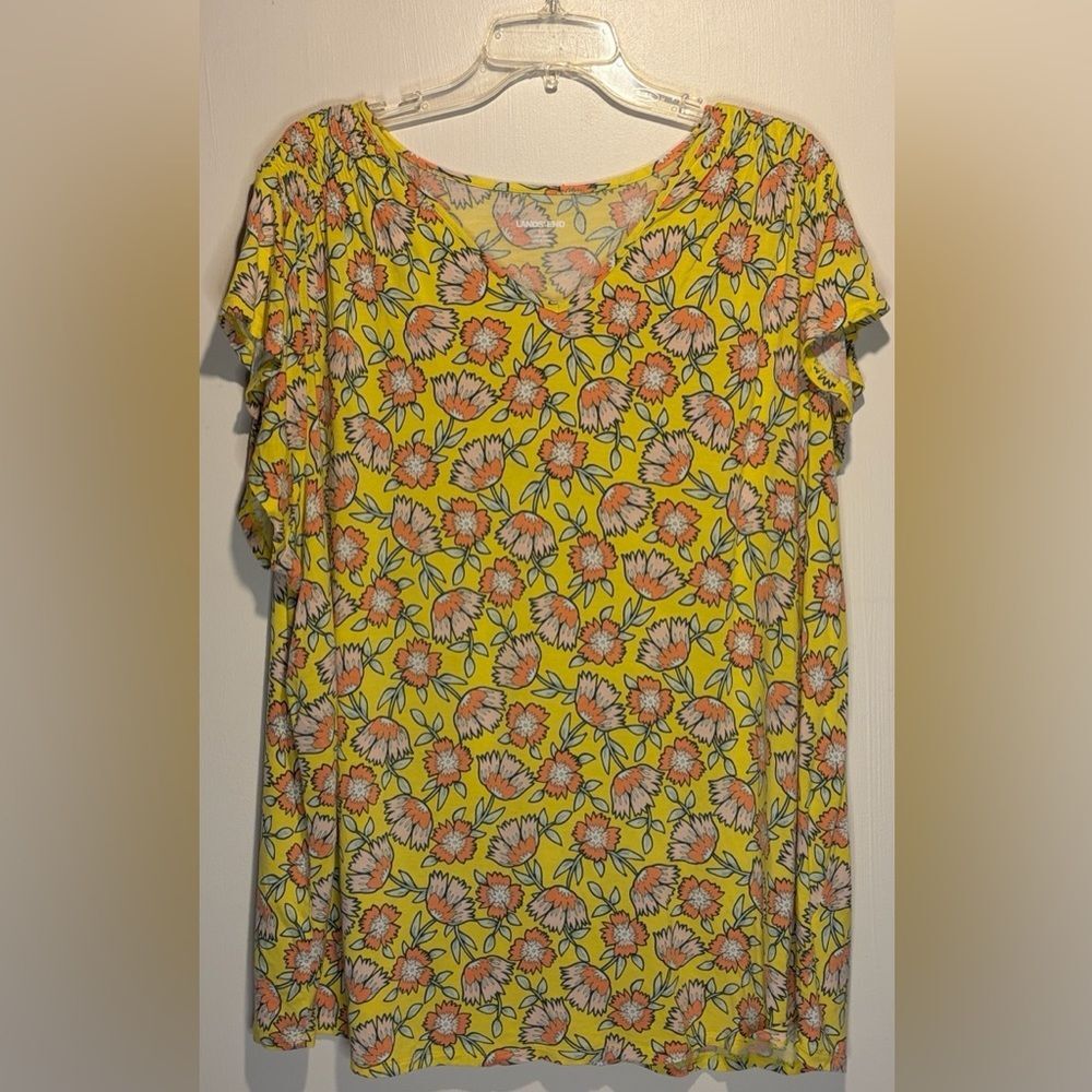 Land's End Plus Size Yellow Floral Embroidered Blouse Top Tunic 3X